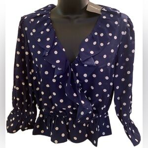 Forever 21 Ruffle-Trim Top Surplice Neck Polka Dot w/ 3/4 Trumpet Sleeves Small
